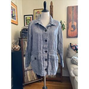 Land's End Women’s L 100% Linen Button Down Jacket Blue Indigo Pockets Boho